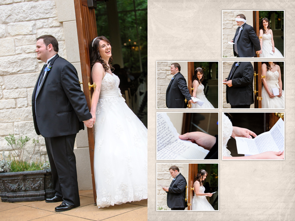 Wedding storybook album spread of bride and groom exchanging notes before seeing each other.